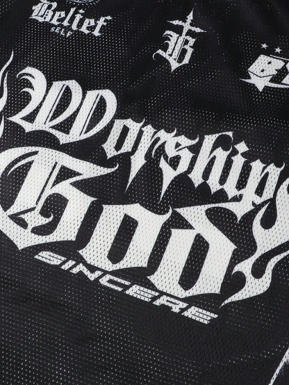 Black Gothic Punk Slogan V-Neck Jersey