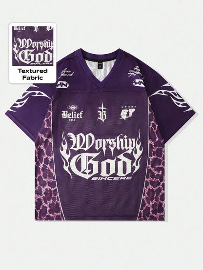 Purple Slogan Print V-Neck Jersey