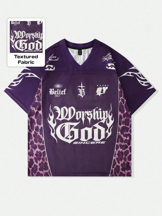 Purple Slogan Print V-Neck Jersey