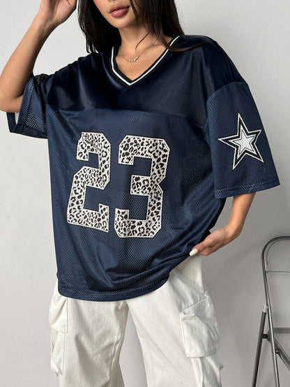 Women's Navy Blue Loose Fit Semi-Sheer V-Neck Jersey