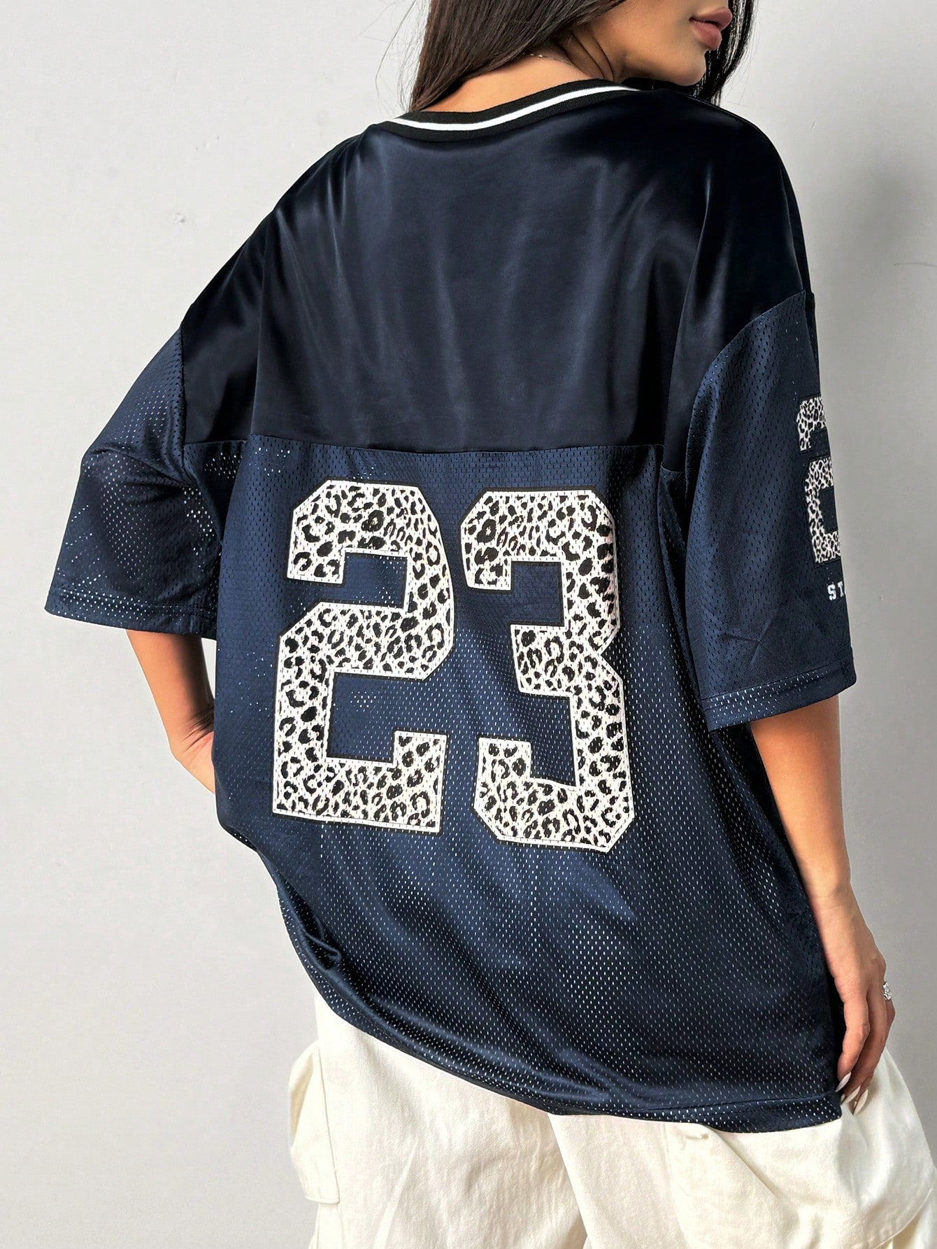 Women's Navy Blue Loose Fit Semi-Sheer V-Neck Jersey