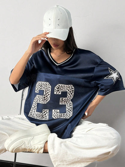 Women's Navy Blue Loose Fit Semi-Sheer V-Neck Jersey