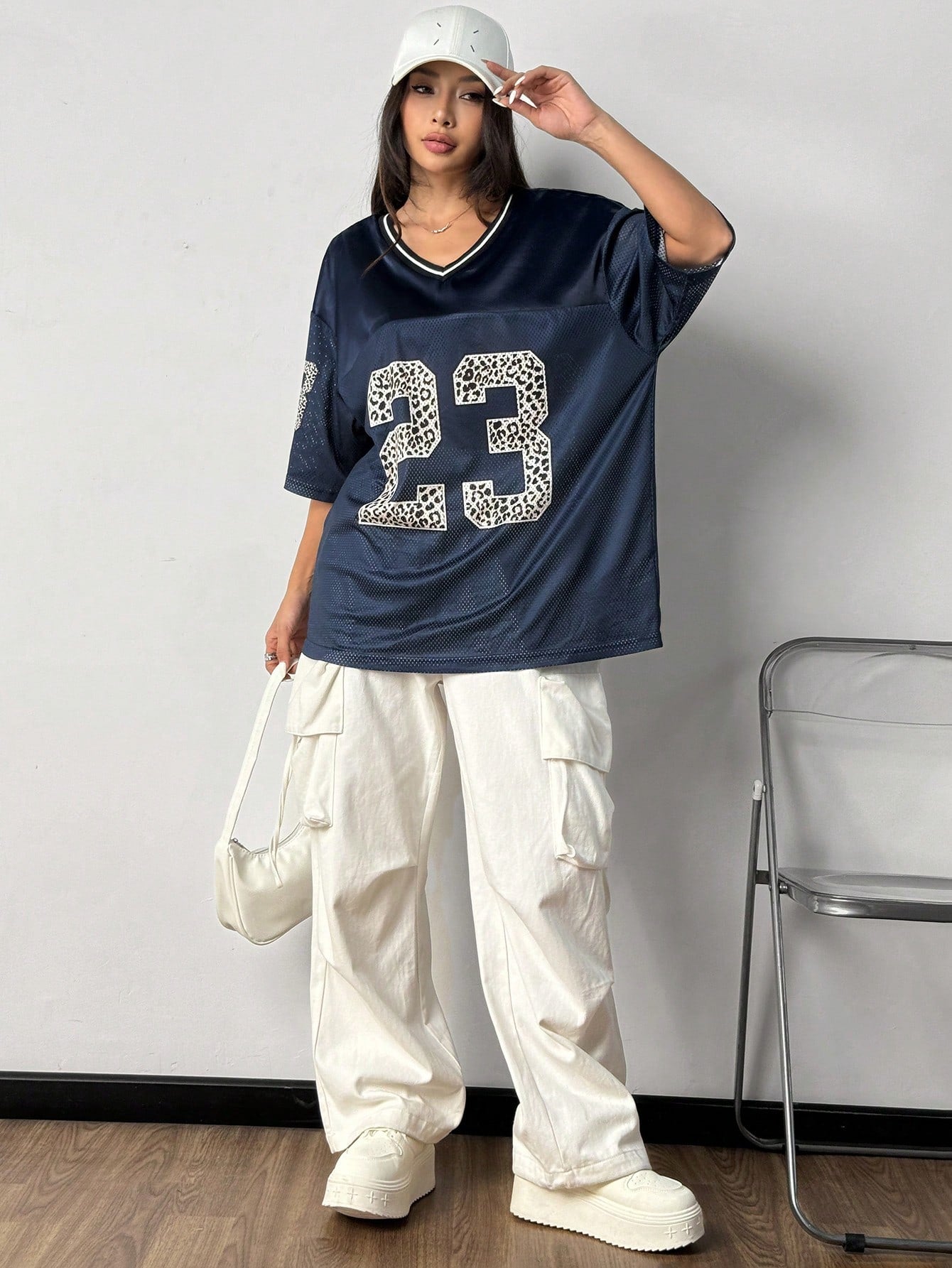 Women's Navy Blue Loose Fit Semi-Sheer V-Neck Jersey