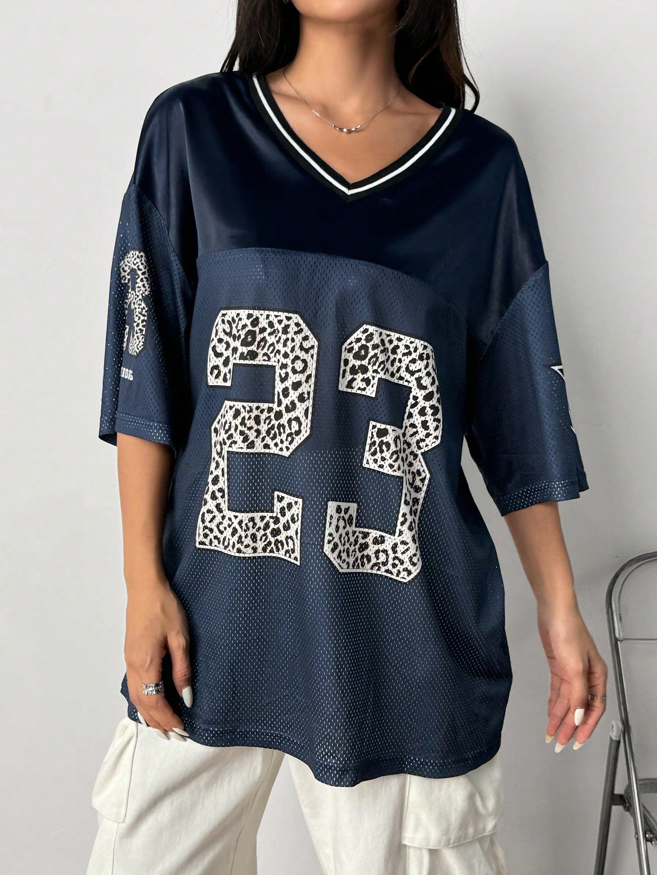 Women's Navy Blue Loose Fit Semi-Sheer V-Neck Jersey
