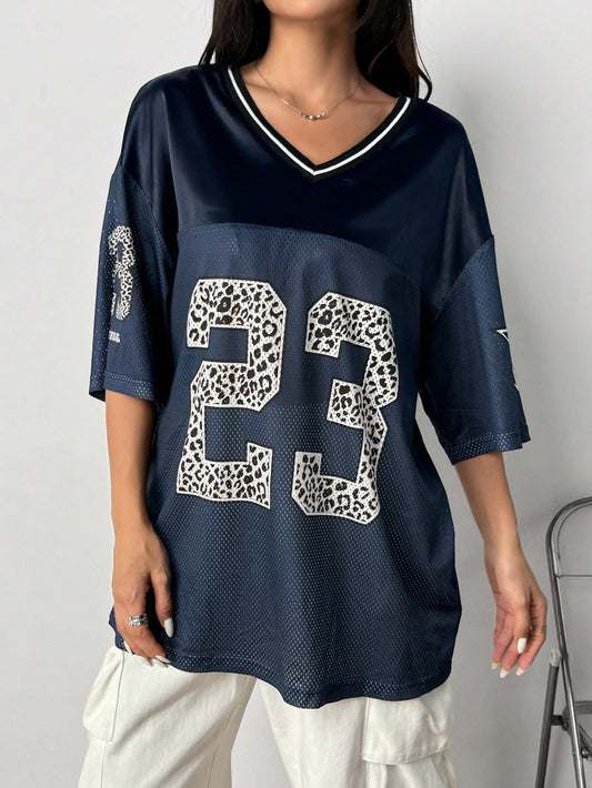 Women's Navy Blue Loose Fit Semi-Sheer V-Neck Jersey
