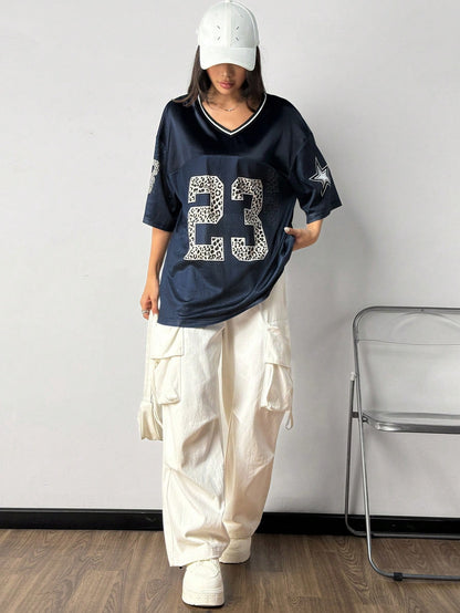 Women's Navy Blue Loose Fit Semi-Sheer V-Neck Jersey