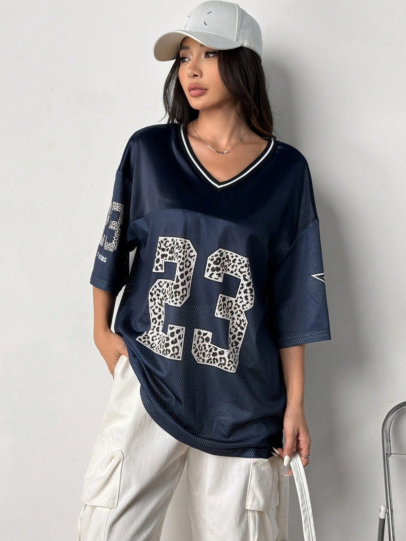 Women's Navy Blue Loose Fit Semi-Sheer V-Neck Jersey