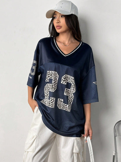 Women's Navy Blue Loose Fit Semi-Sheer V-Neck Jersey