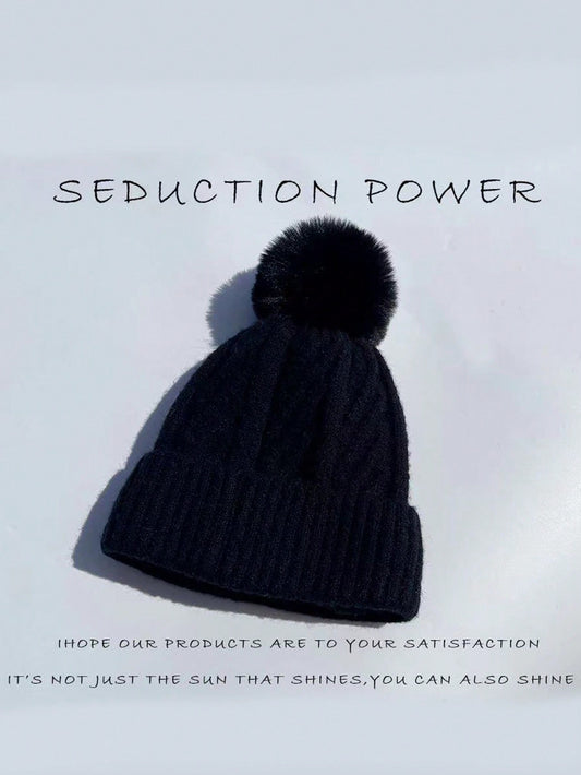 Women's Thick Cable Knit Beanie with Fuzzy Pom Pom