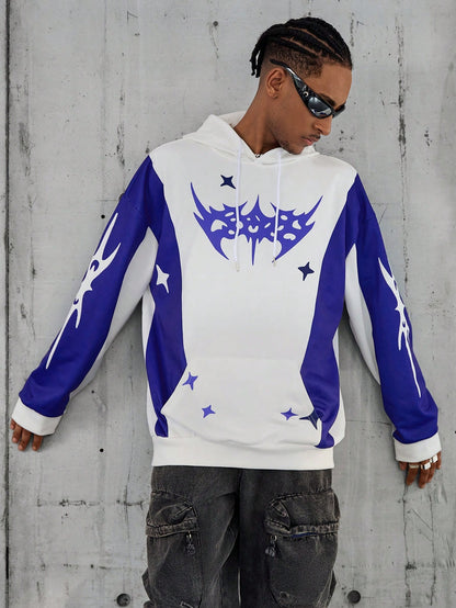 Men's Solid Splice Printed Casual Hoodie