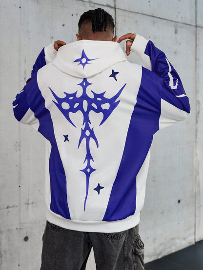 Men's Solid Splice Printed Casual Hoodie