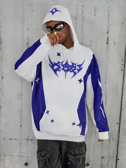 Men's Solid Splice Printed Casual Hoodie