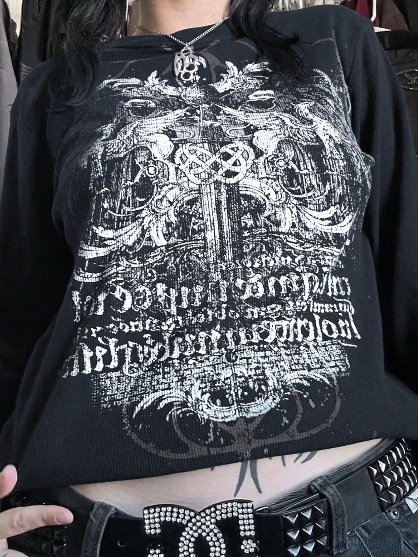 Gothic Print Cyber Y2K Round Neck Sweatshirt