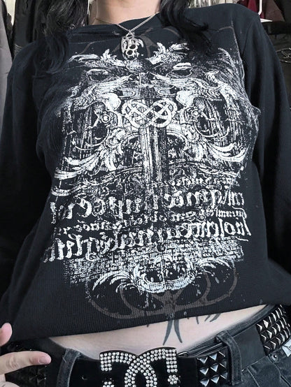 Gothic Print Cyber Y2K Round Neck Sweatshirt