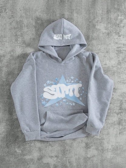 Gray Graphic Hoodie Light Blue Star & SMT Print