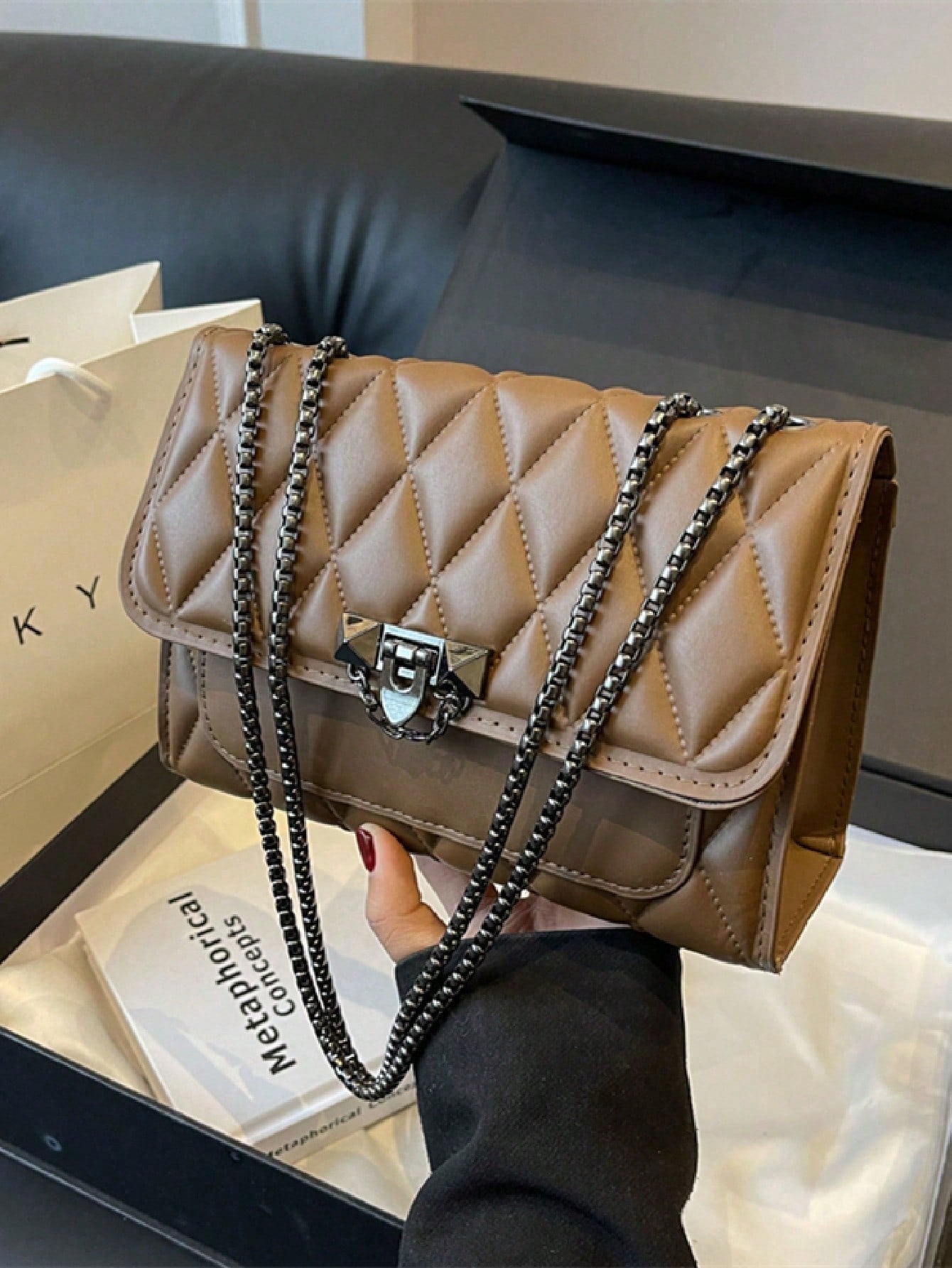 Diamond Quilted Chain Shoulder Bag with Lock Closure
