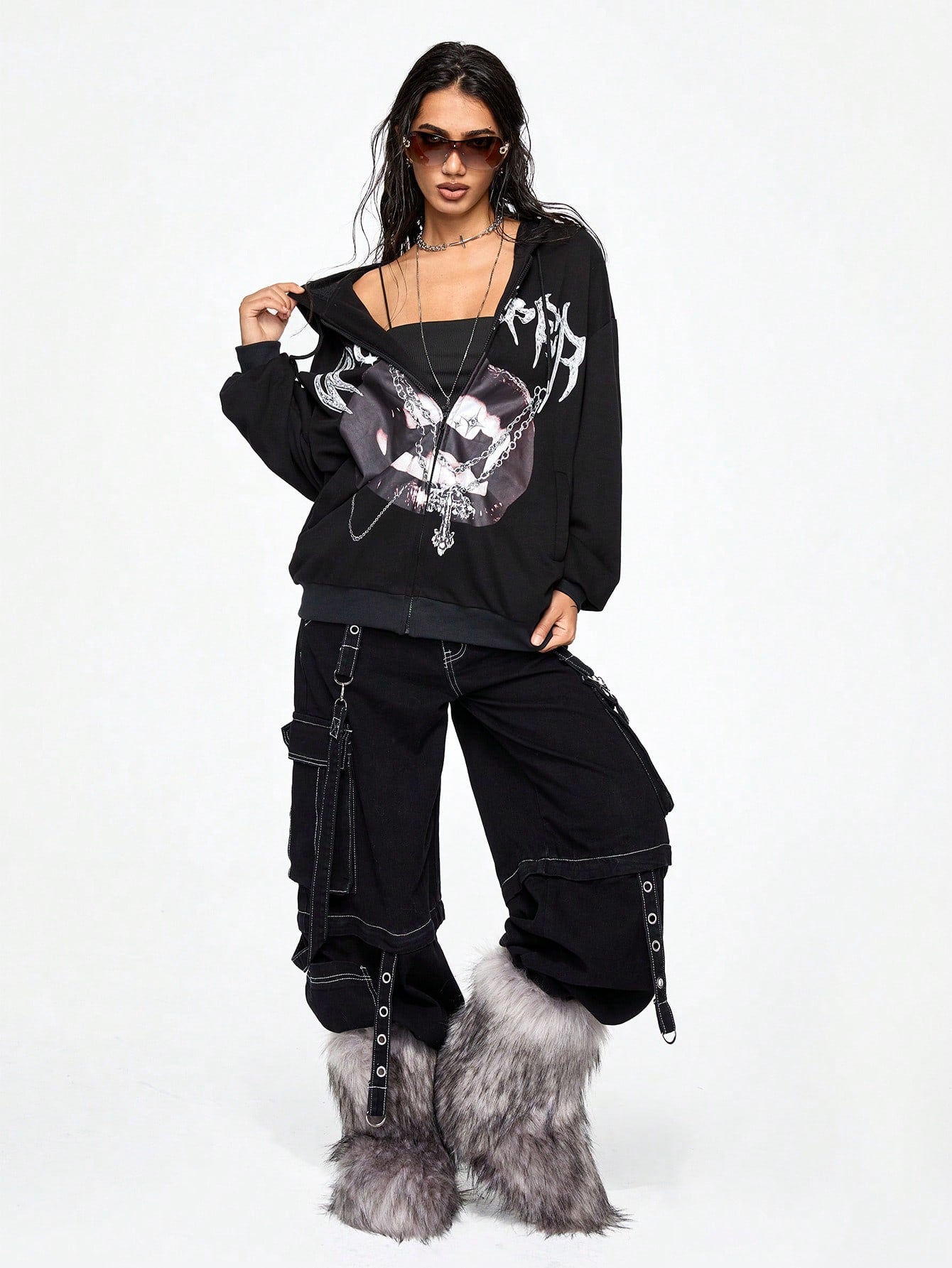 Women Grunge Punk Lip Print Hoodie