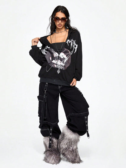 Women Grunge Punk Lip Print Hoodie
