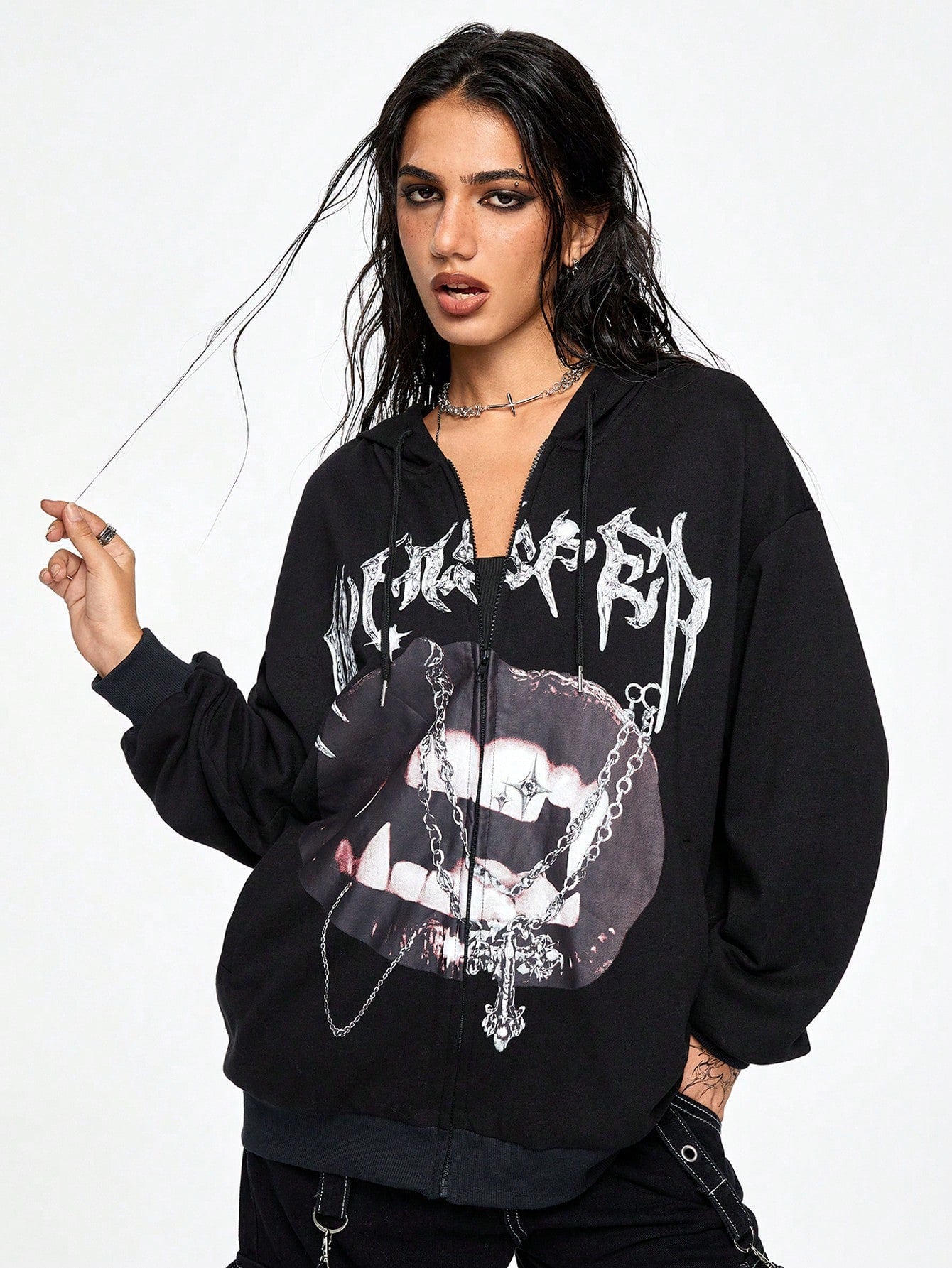 Women Grunge Punk Lip Print Hoodie