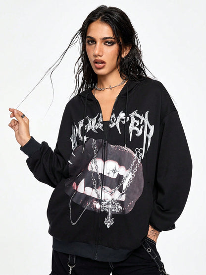 Women Grunge Punk Lip Print Hoodie
