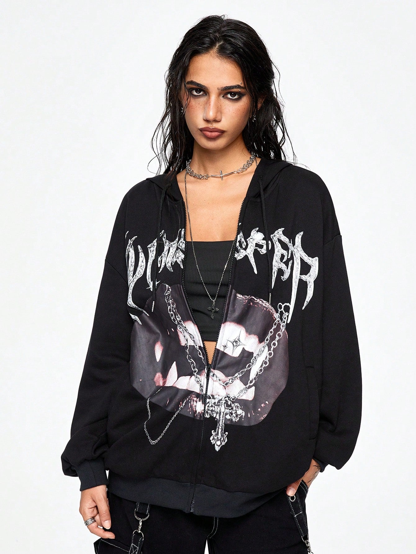 Women Grunge Punk Lip Print Hoodie