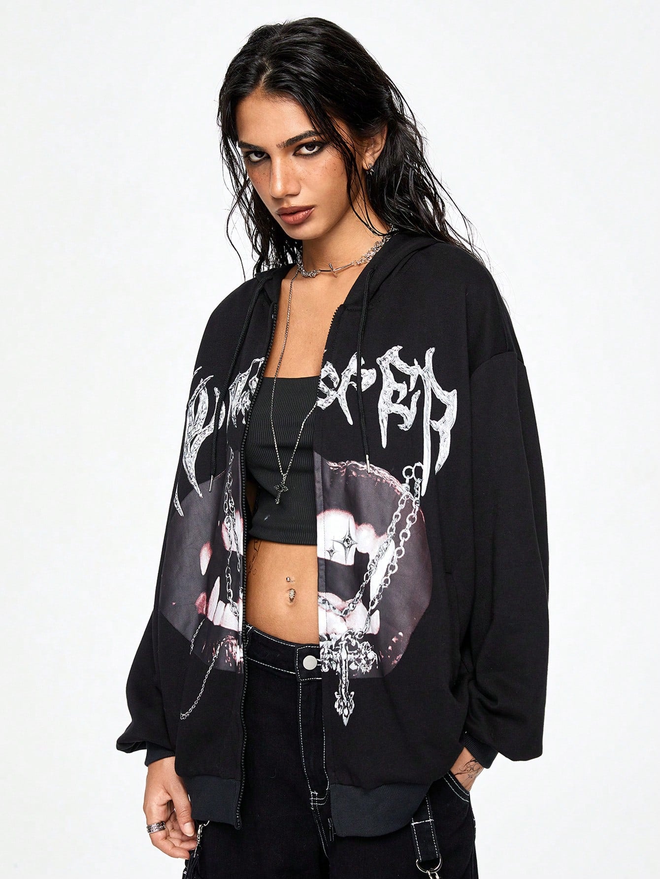 Women Grunge Punk Lip Print Hoodie