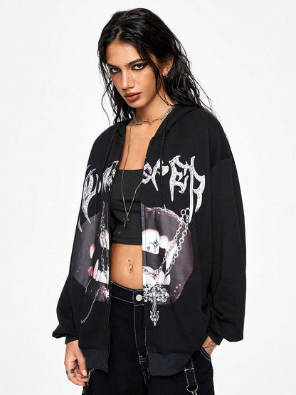 Women Grunge Punk Lip Print Hoodie
