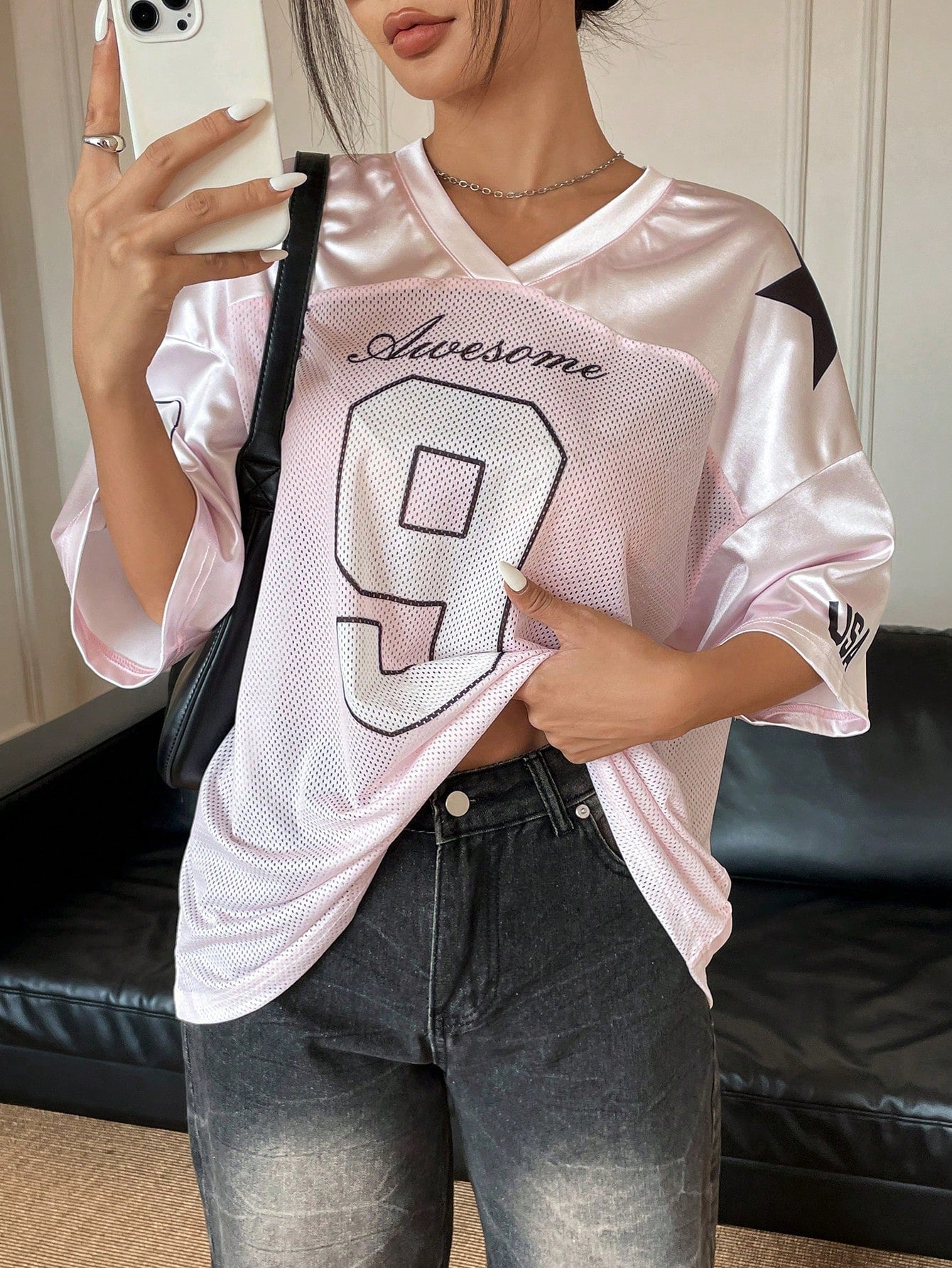 Oversized Pink Satin Basketball Jersey Tee