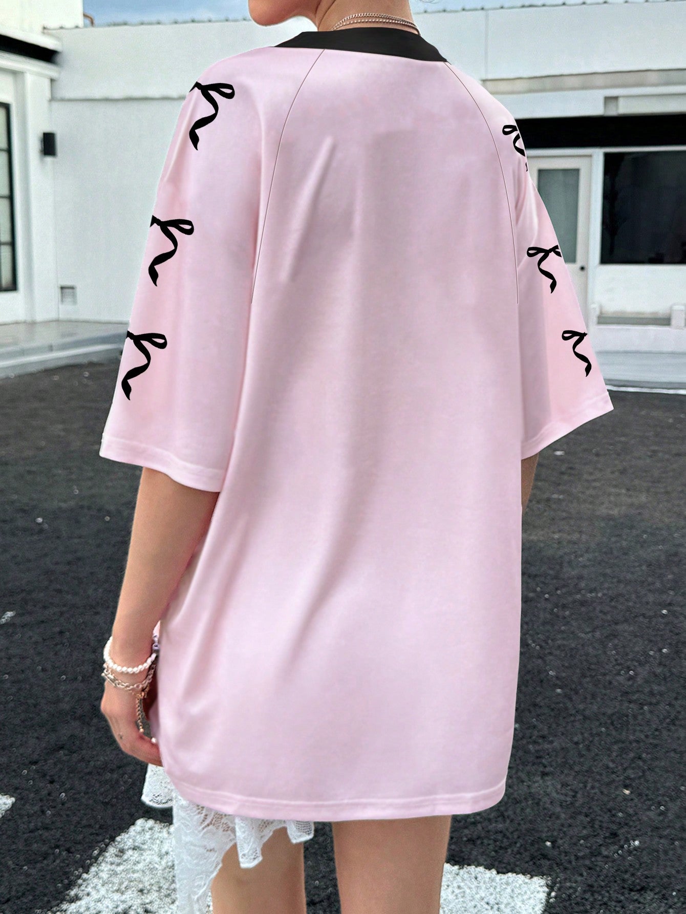 Women's Pink Oversized Knitted Half Sleeve V-Neck Jersey