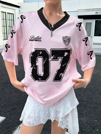 Women's Pink Oversized Knitted Half Sleeve V-Neck Jersey