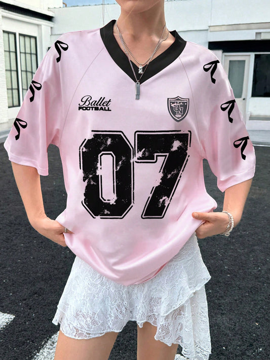 Women's Pink Oversized Knitted Half Sleeve V-Neck Jersey