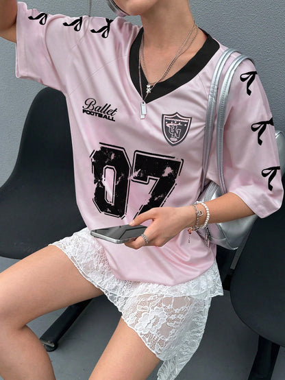 Women's Pink Oversized Knitted Half Sleeve V-Neck Jersey
