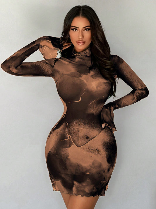 Gradient Mesh See-Through Long Sleeve Mini Dress
