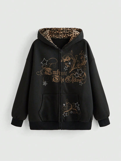 Women's Gothic Y2K Starry Rhinestone Zip Hoodie