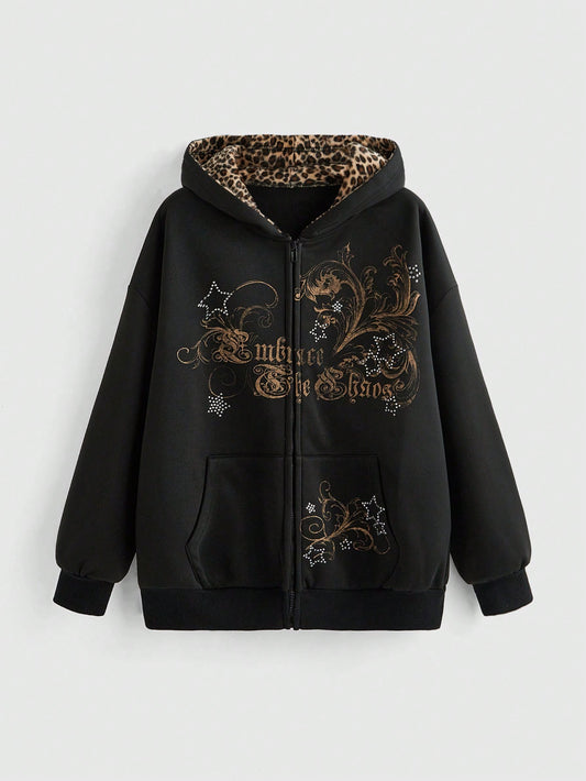 Women's Gothic Y2K Starry Rhinestone Zip Hoodie