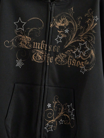 Women's Gothic Y2K Starry Rhinestone Zip Hoodie