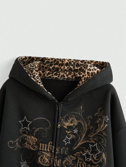 Women's Gothic Y2K Starry Rhinestone Zip Hoodie