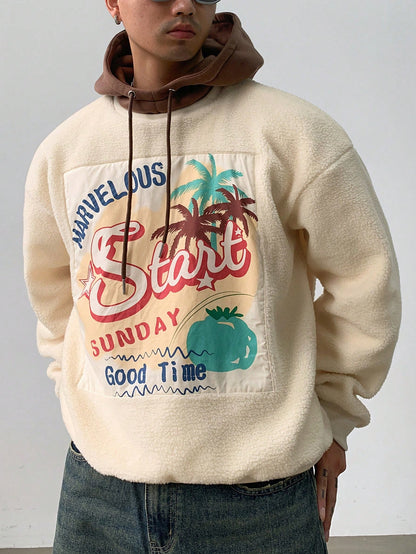 Men Patch Printed Fleece Hoodie