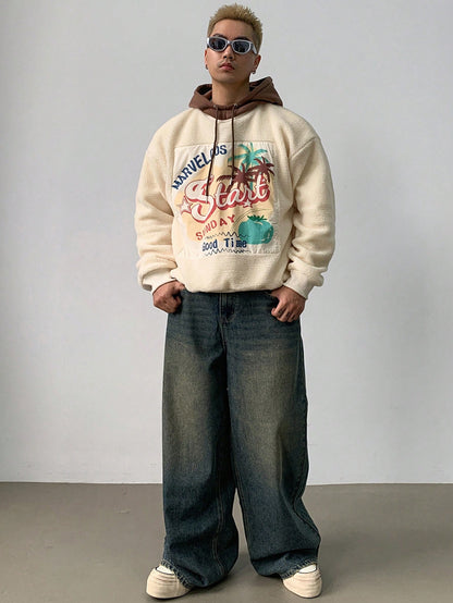 Men Patch Printed Fleece Hoodie