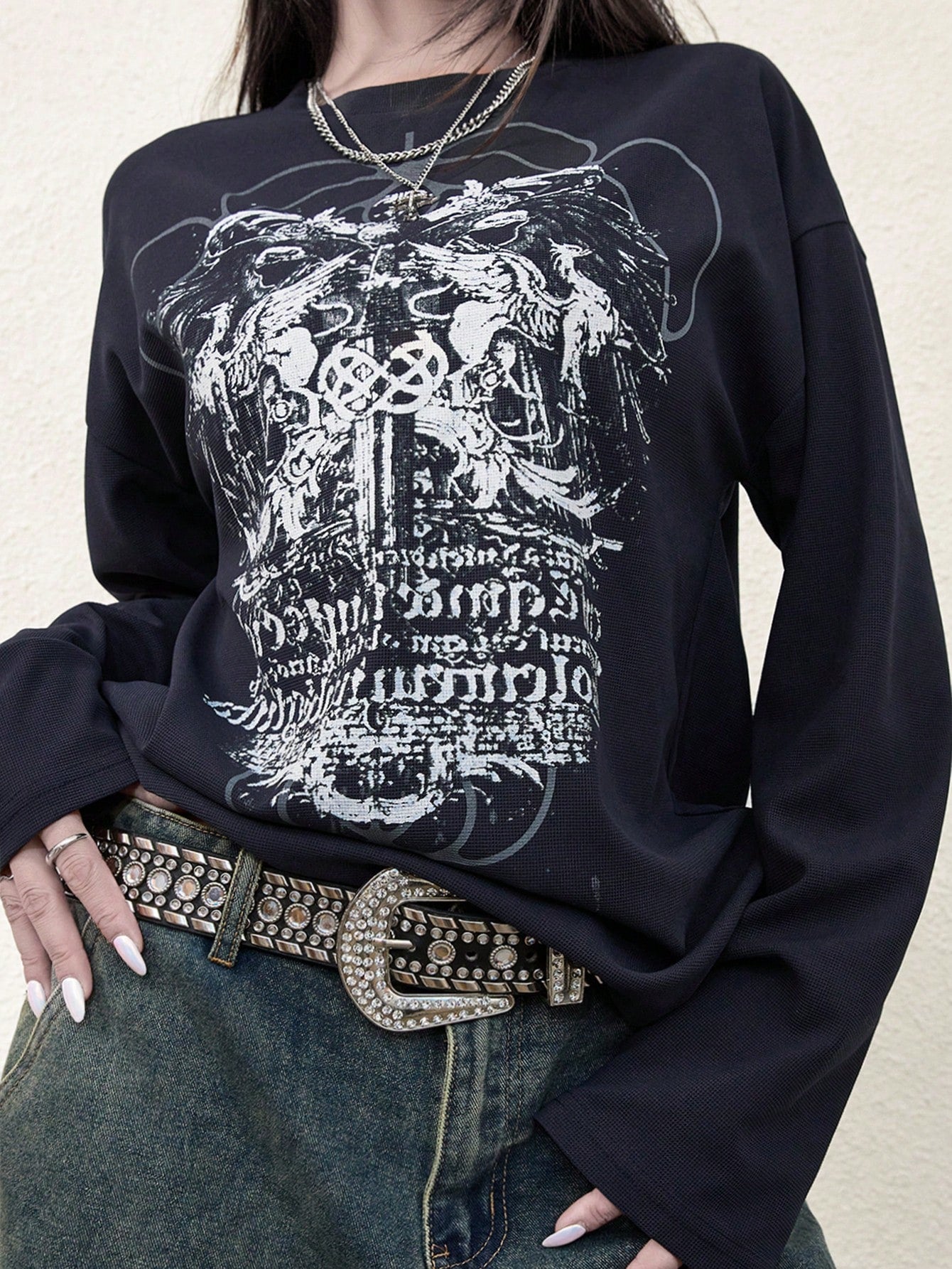 Gothic Print Cyber Y2K Round Neck Sweatshirt