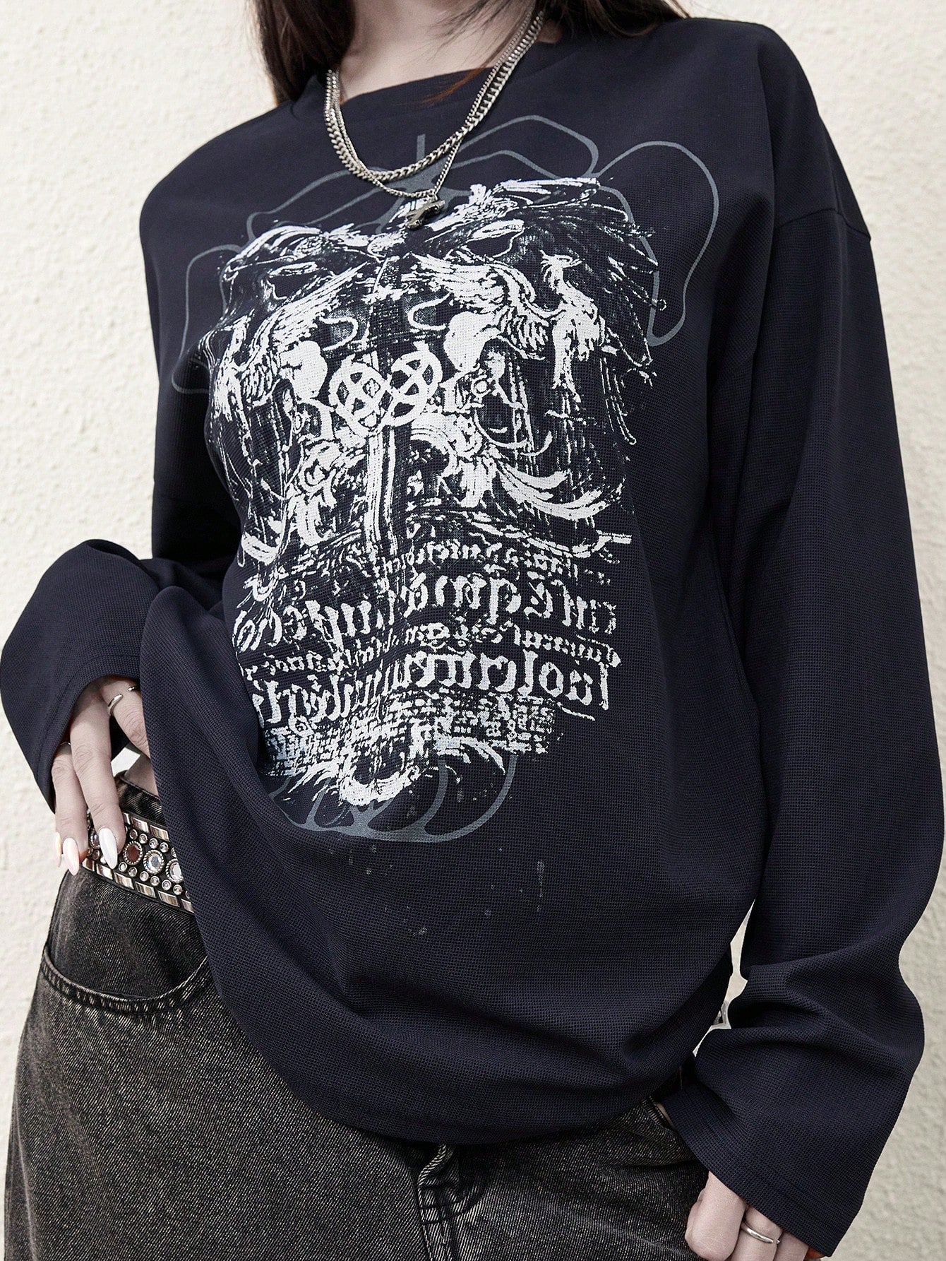 Gothic Print Cyber Y2K Round Neck Sweatshirt