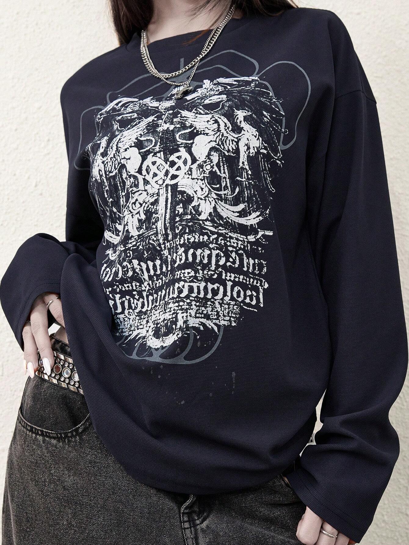 Women Gothic Print Cyber Y2K Long Sleeve Sweatshirt