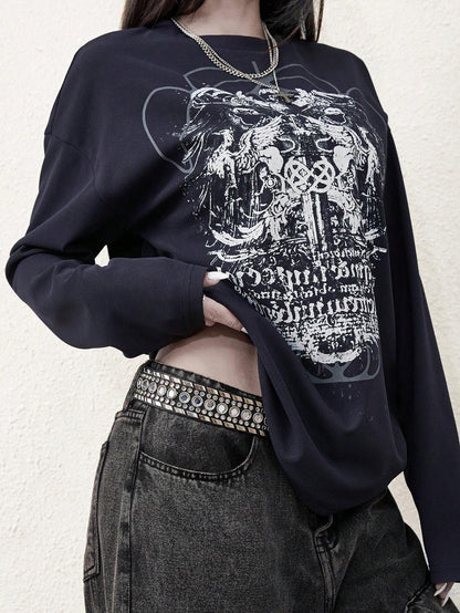 Women Gothic Print Cyber Y2K Long Sleeve Sweatshirt