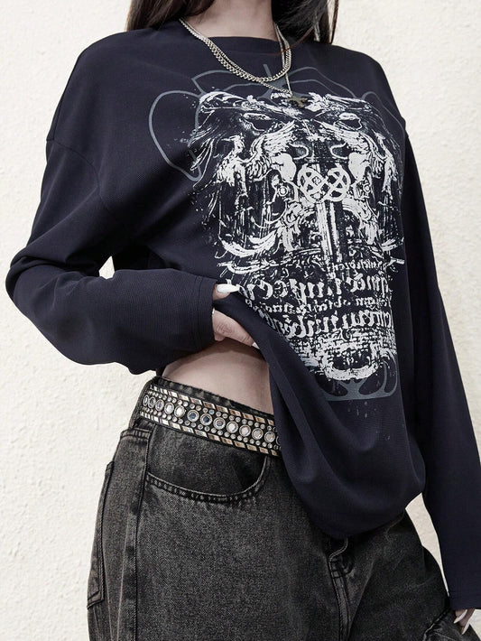 Women Gothic Print Cyber Y2K Long Sleeve Sweatshirt