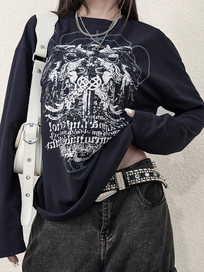 Gothic Print Cyber Y2K Round Neck Sweatshirt