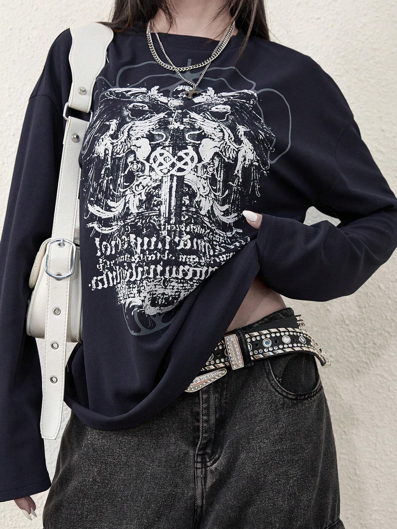 Women Gothic Print Cyber Y2K Long Sleeve Sweatshirt