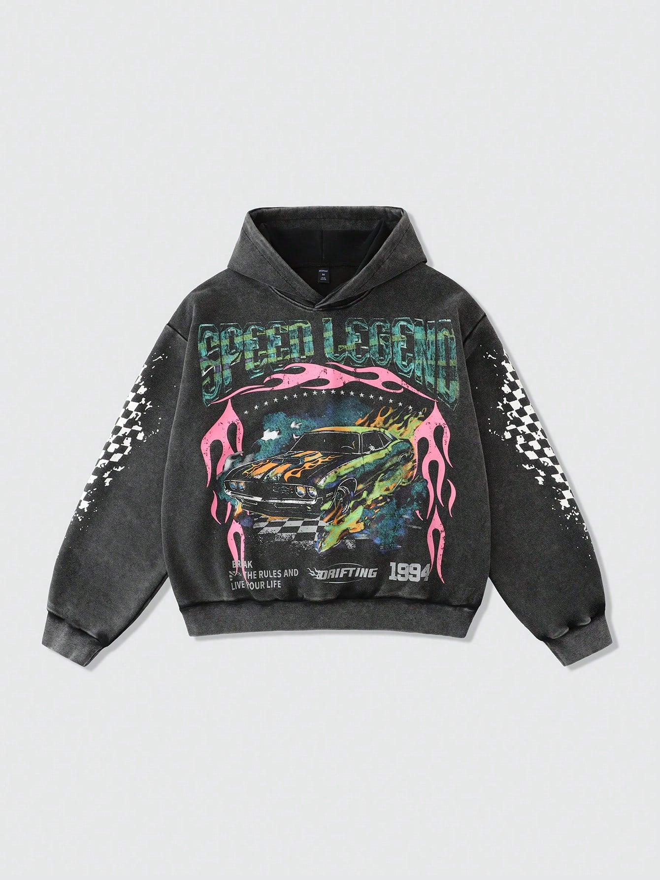 Men's Washed Vintage Car & Fire Graphic Y2K Hoodie