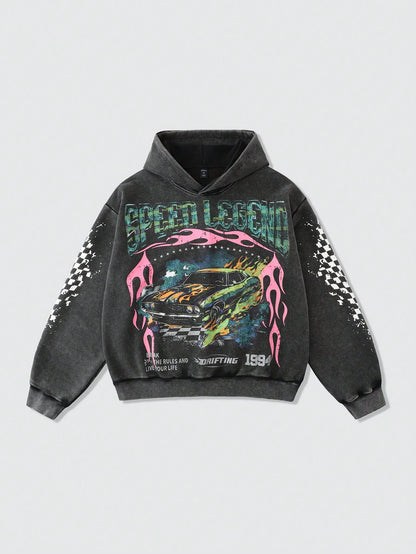 Men's Washed Vintage Car & Fire Graphic Y2K Hoodie