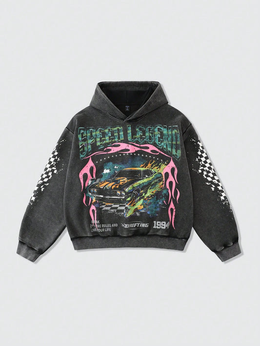 Men's Washed Vintage Car & Fire Graphic Y2K Hoodie