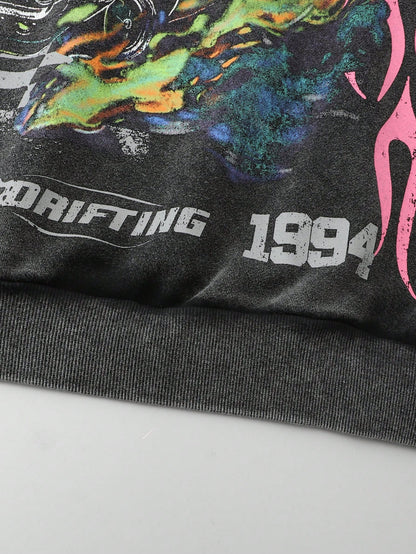 Men's Washed Vintage Car & Fire Graphic Y2K Hoodie